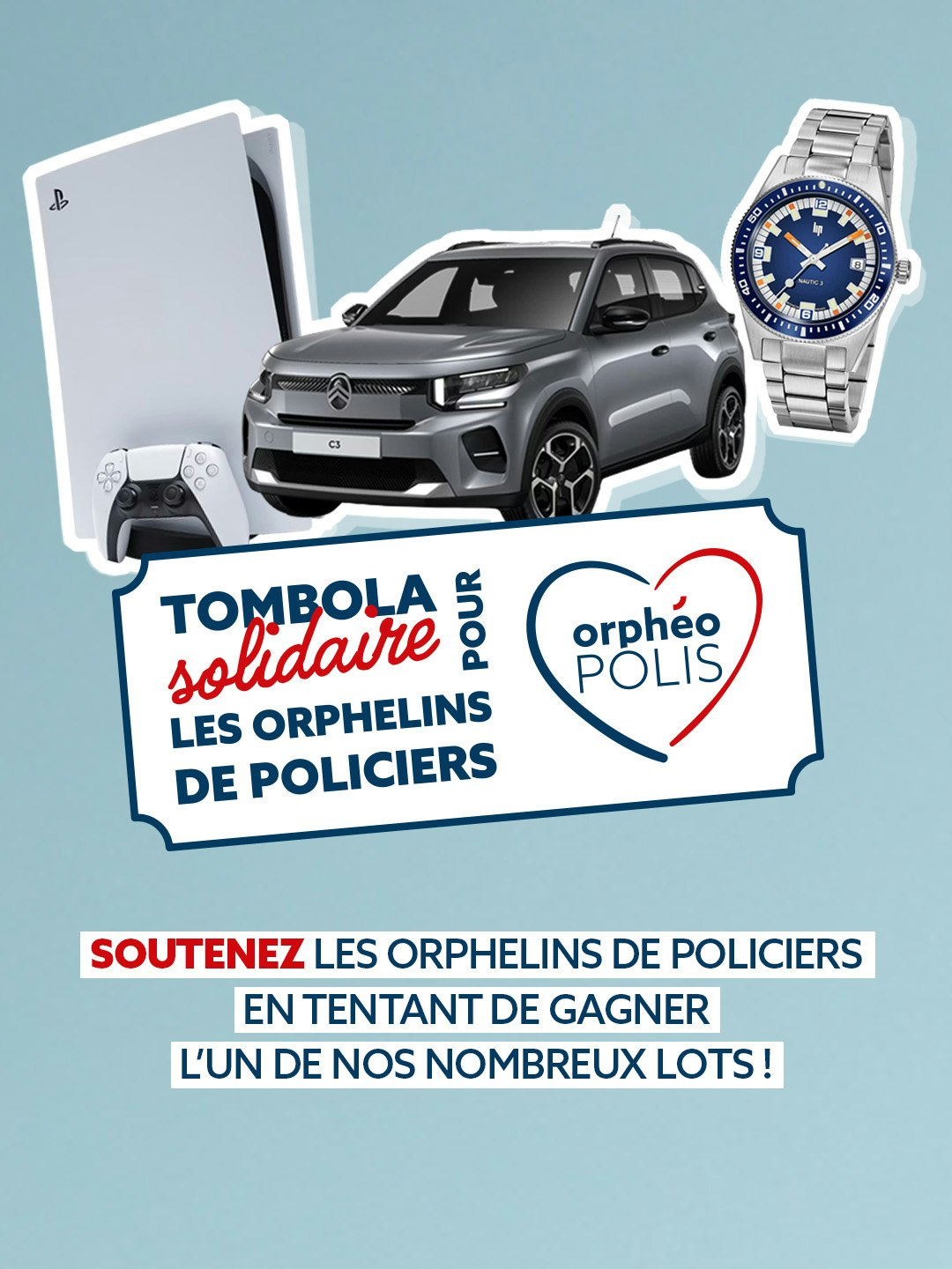 affiche tombola solidaire avec les lots : voiture, montre, ps5